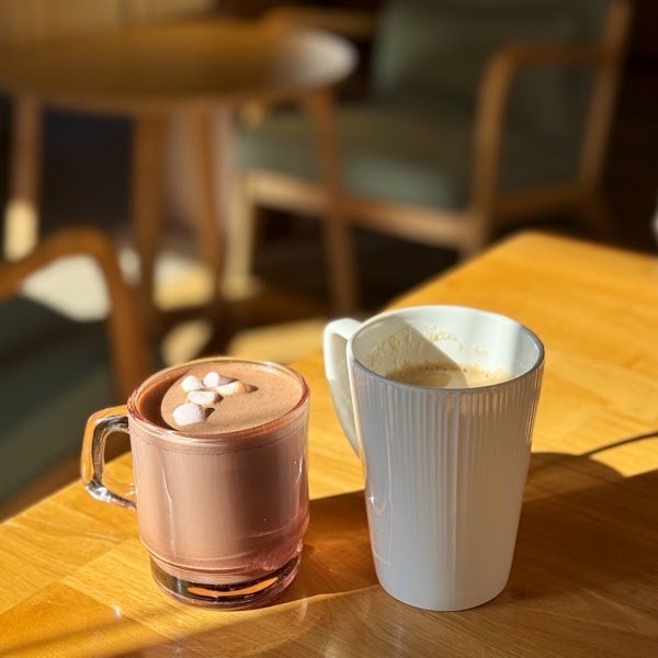 Two cups of warm drinks on a light wood table in a sunlit cafe.