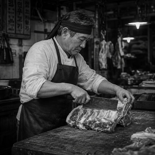 A butcher wearing a headscarf and apron skillfully cuts a large piece of raw meat with a cleaver at a traditional workspace.