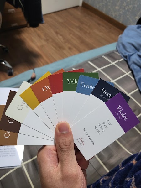 Hand holding a spread fan of personal color diagnostic swatches