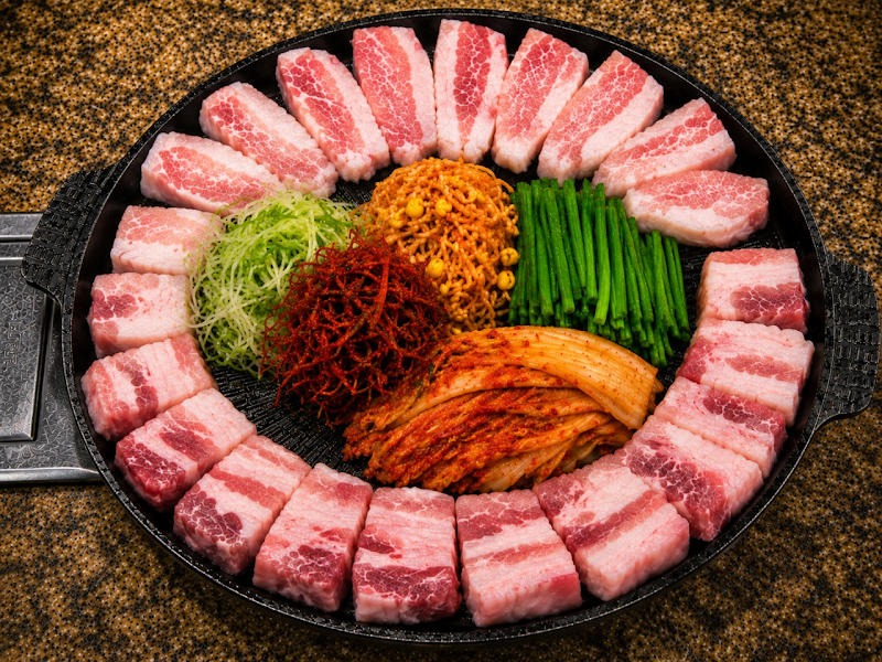 Raw pork belly on grill