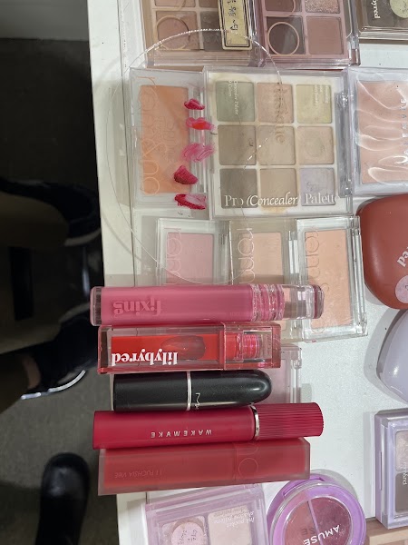 Arranged makeup palettes, lip swatches, and foundation tones for cosmetic audit