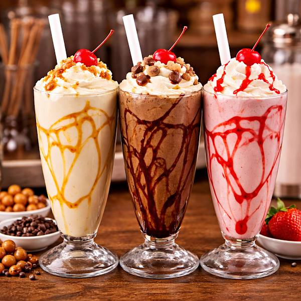 Three assorted milkshakes with whipped cream, toppings, and cherries on a wooden surface.
