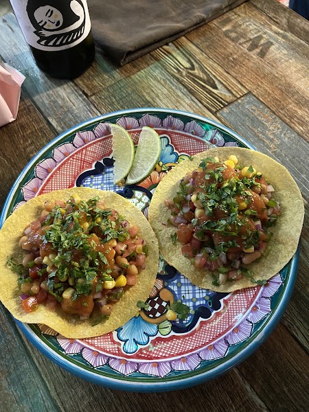 Two freshly prepared tacos topped with salsa and cilantro on a patterned plate