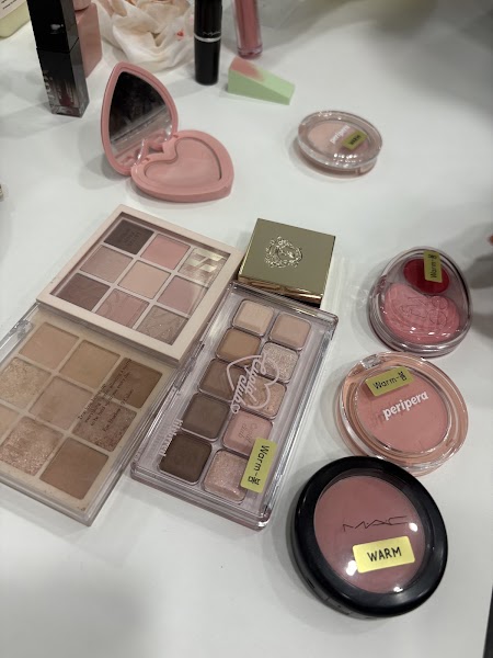 Top-down view of cosmetics palettes, lipsticks, and blushes labeled by undertone on studio table