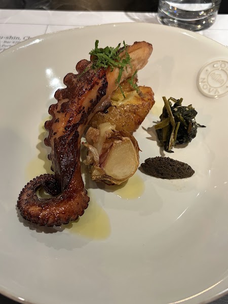 A grilled octopus tentacle served with potatoes and greens on a white ceramic plate
