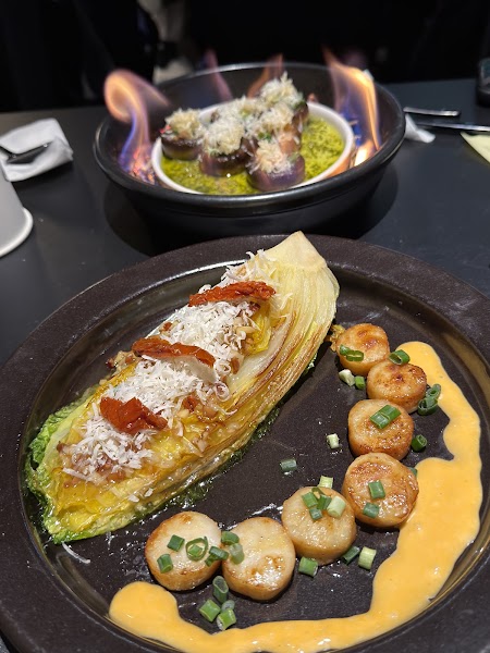 Pan-seared scallop plate with roasted greens