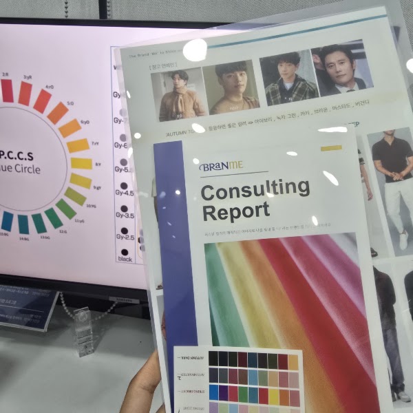Handheld BRANME personal color consulting report document showing color swatches and color wheel
