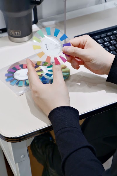 Consultant holding transparent circular color wheel chart diagnostic tool at studio desk