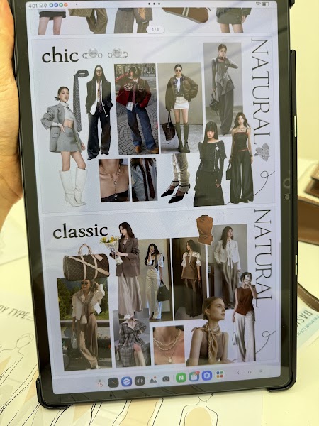 A tablet screen displaying a fashion mood board categorized by style profiles like chic, classic, and natural.