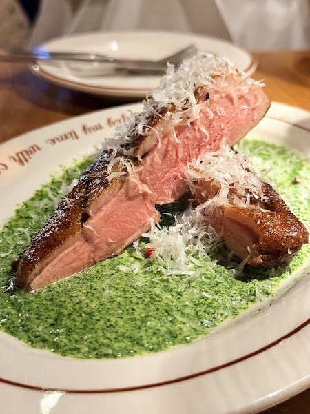 Seared sliced meat served over bright green herb sauce with shaved cheese