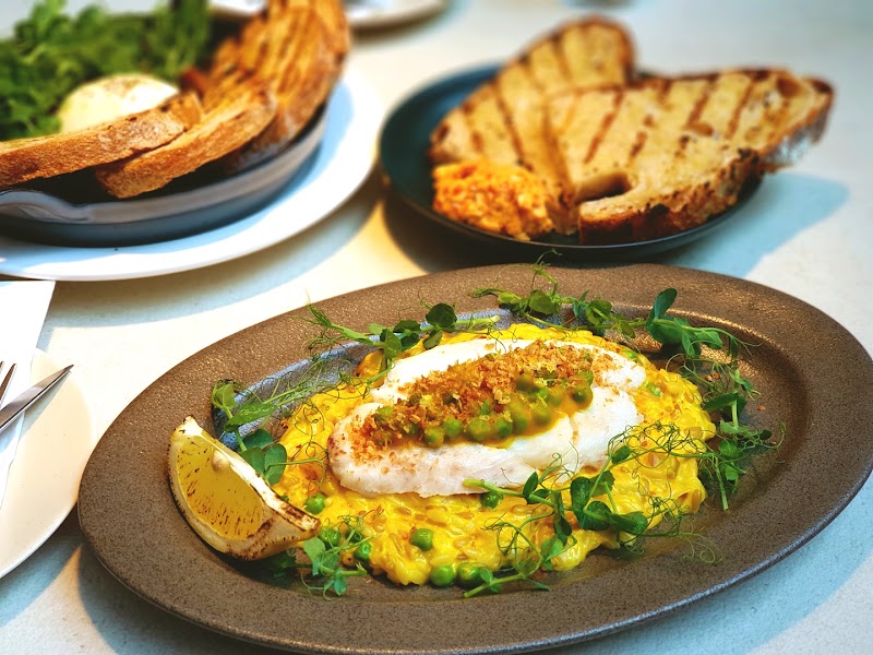 A gourmet brunch dish featuring white fish over yellow risotto with peas and fresh herbs on a dark oval plate.