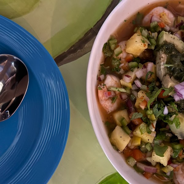 Fresh shrimp ceviche with pineapple, onion, and cilantro served at Gitana