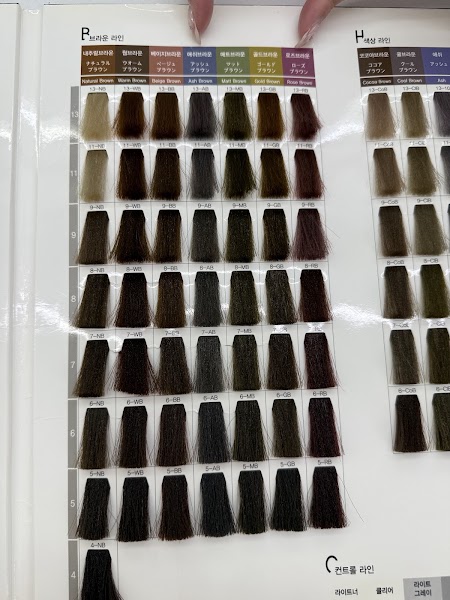 A professional hair color chart displaying various swatches of brown, ash, and gold shades on a white paper background