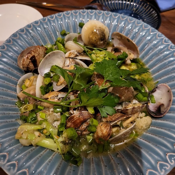 A close-up of a bowl of steamed clams with green herbs and vegetables served in a blue patterned bowl.