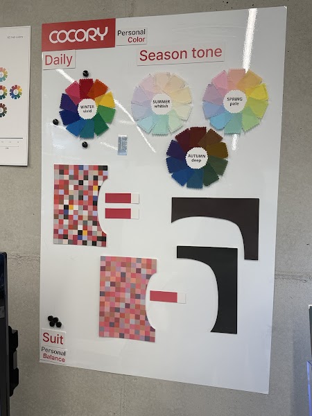 A white display board titled Cocory Personal Color featuring circular color swatches representing four seasonal tone groups.