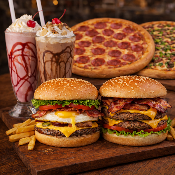 Two burgers, two milkshakes, and two pizzas served on a wooden board.