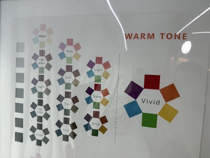 A framed color analysis chart on a white background displaying various warm tone color categories and palettes