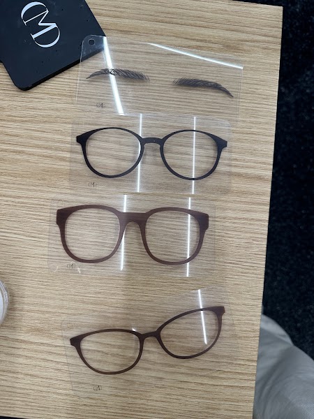Transparent diagnostic cards with eyebrow outlines and eyeglass frames