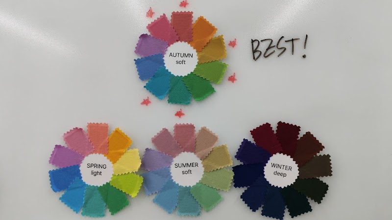 Personal color analysis fabric swatches arranged by season on a white board.