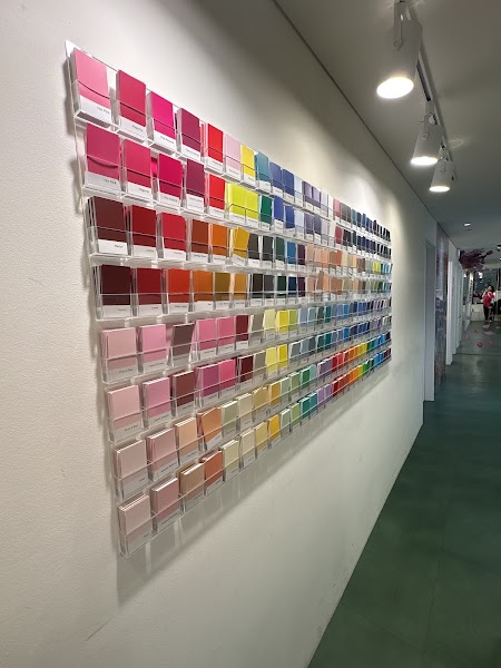 Wall-mounted display of numerous small color swatch cards arranged in rows inside a makeup studio