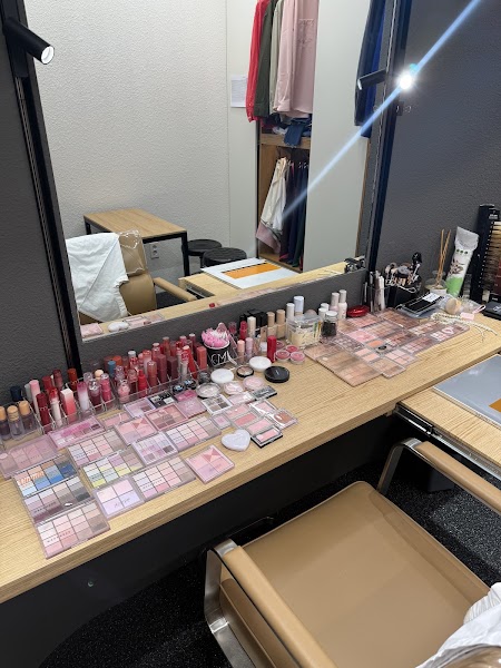 Vanity table with numerous makeup palettes and cosmetic swatches organized in rows