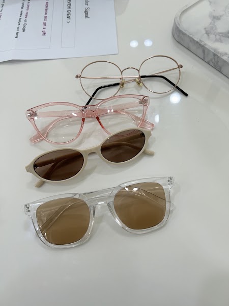 Four pairs of eyeglasses and sunglasses arranged for styling analysis