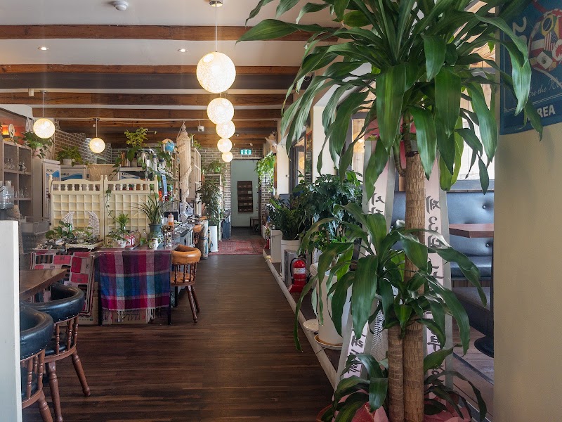 Cherry Garden Restaurant interior showing window aisle and lush green plants