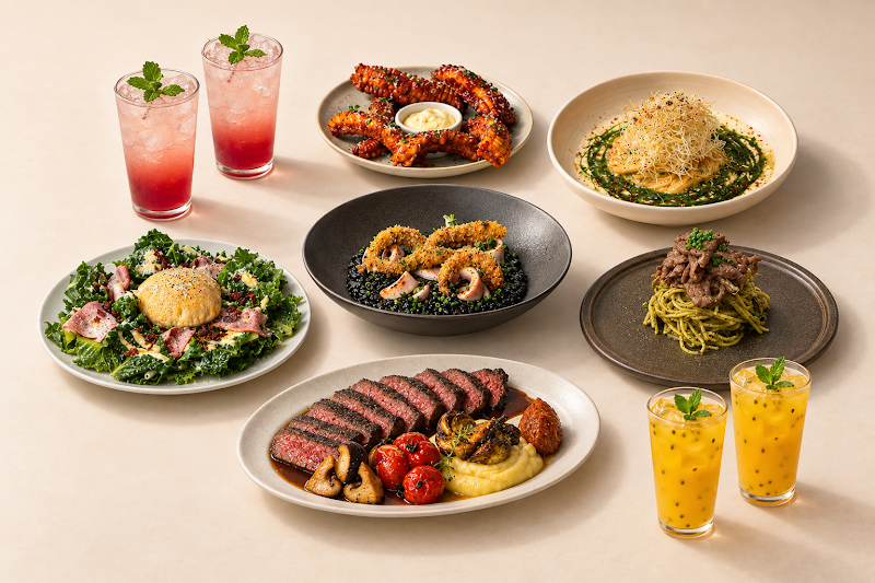 Curated spread of fusion pasta, steak, and colorful specialty drinks
