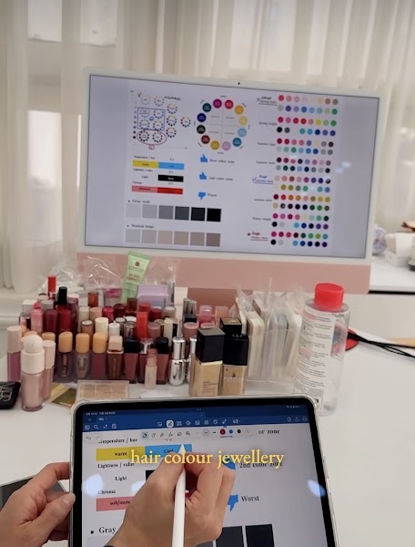 Consultation desk with digital color theory monitor and cosmetic swatches