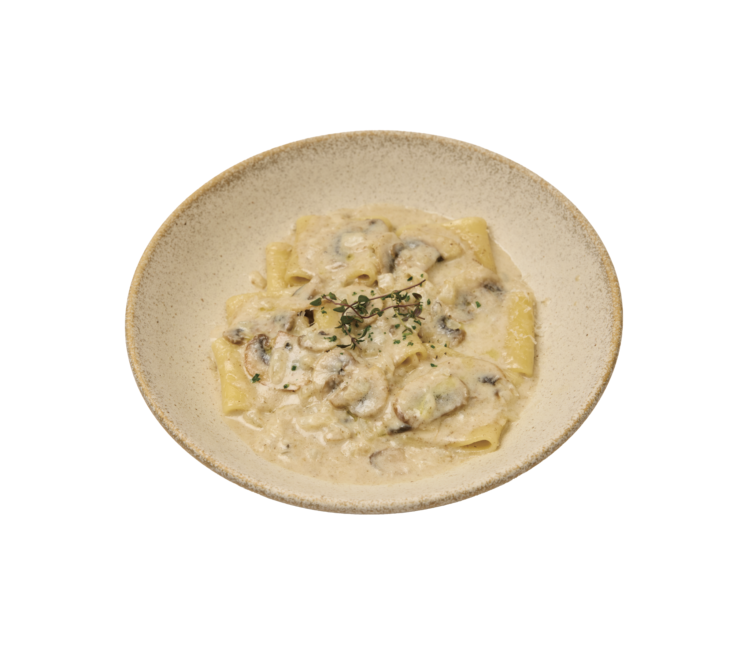 Wide tube pasta in creamy mushroom sauce garnished with fresh thyme sprig