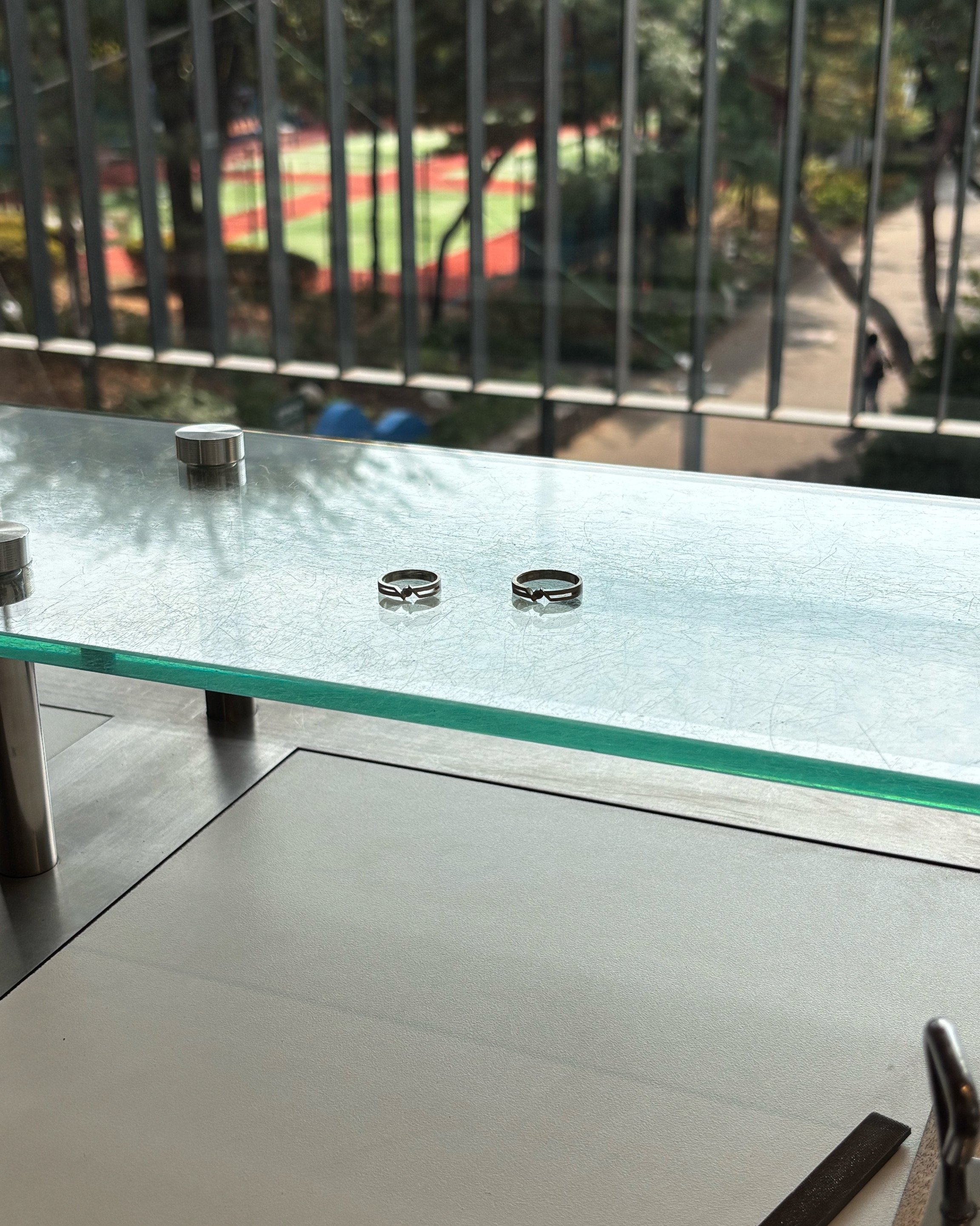 Two metal rings placed on a glass display ledge overlooking a park