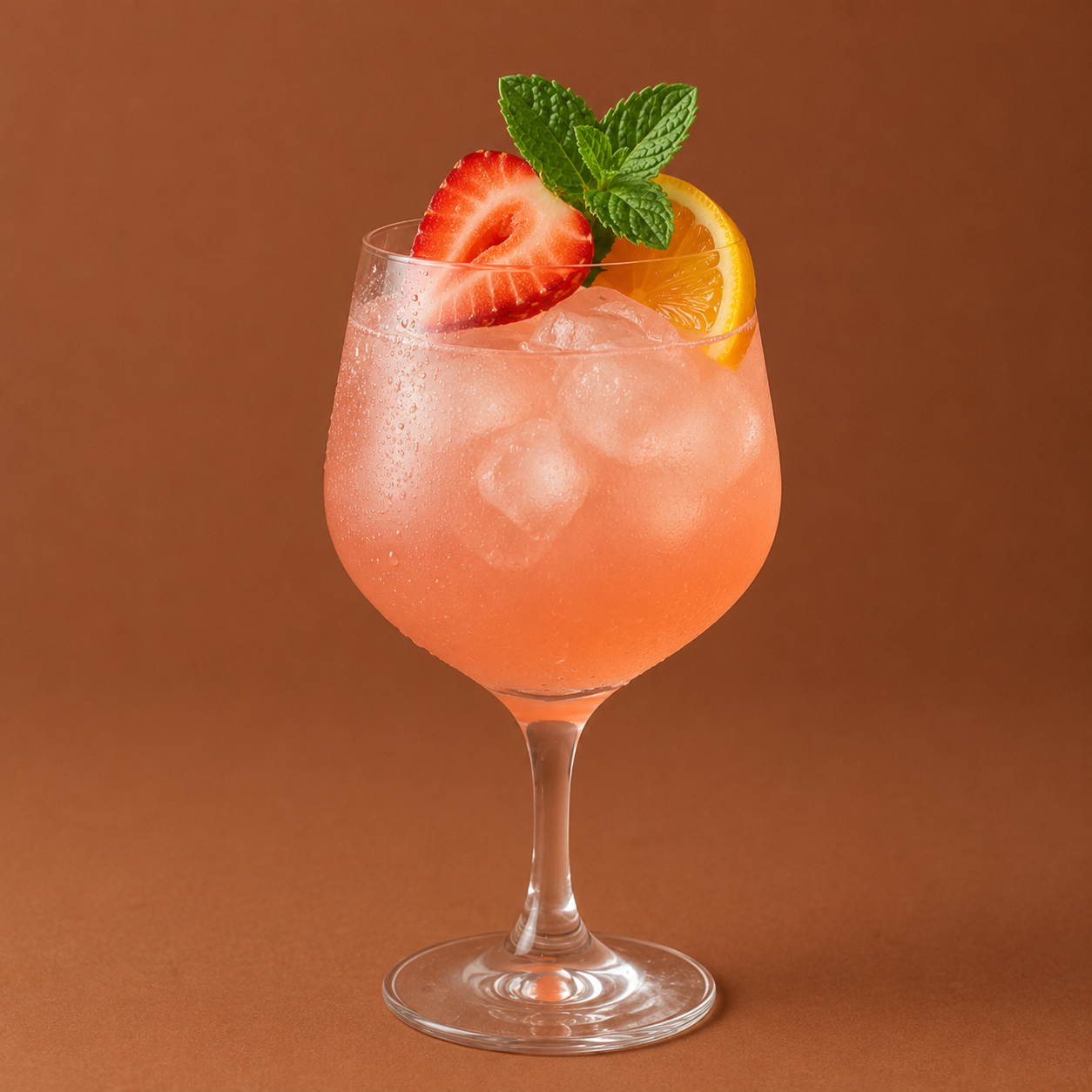 Refreshing pink cocktail with fruit garnish and mint