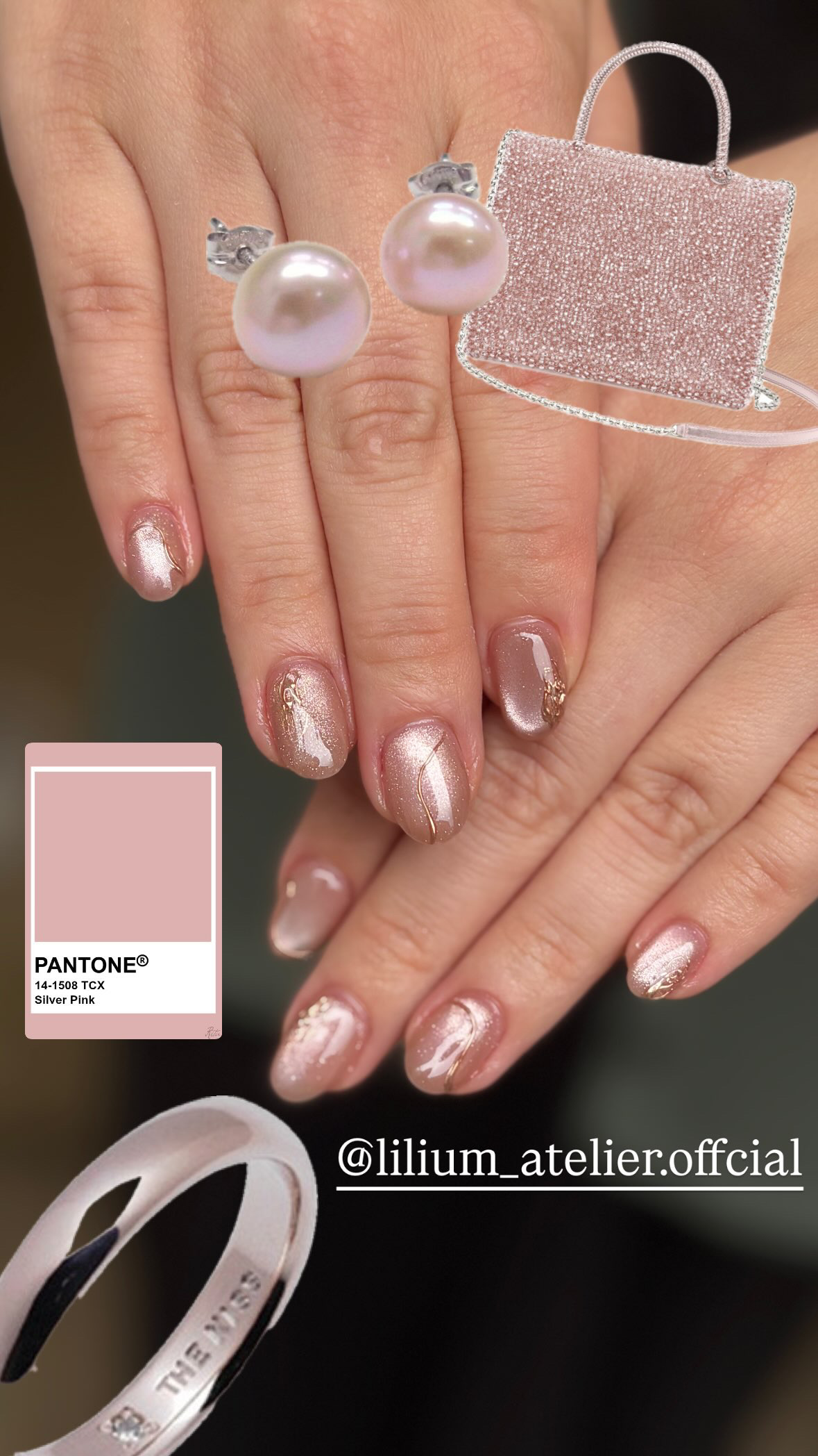 Shimmering rose-gold metallic gel design with delicate micro-line details