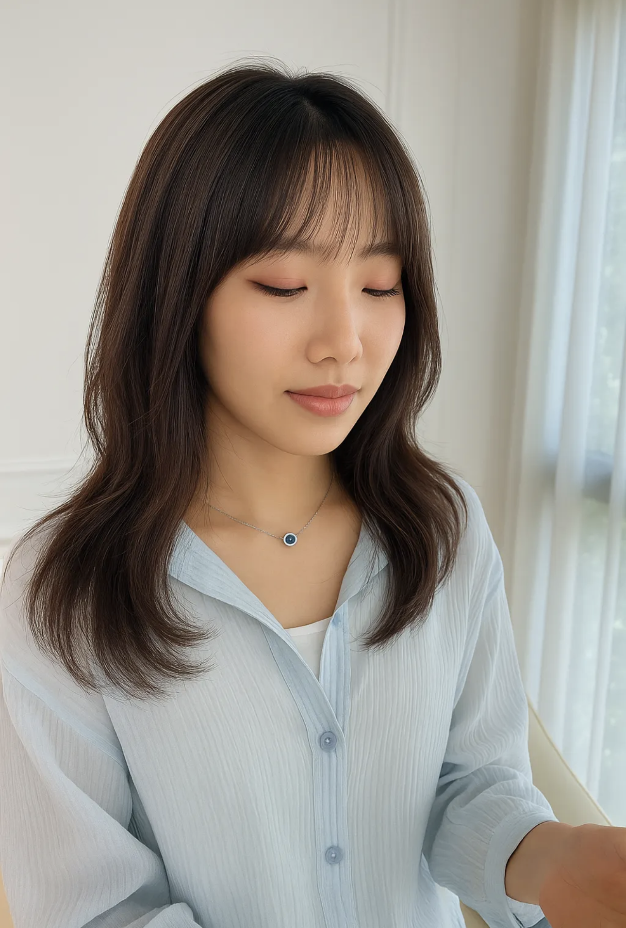 Medium-length dark brown hair with wispy bangs and soft outward curls