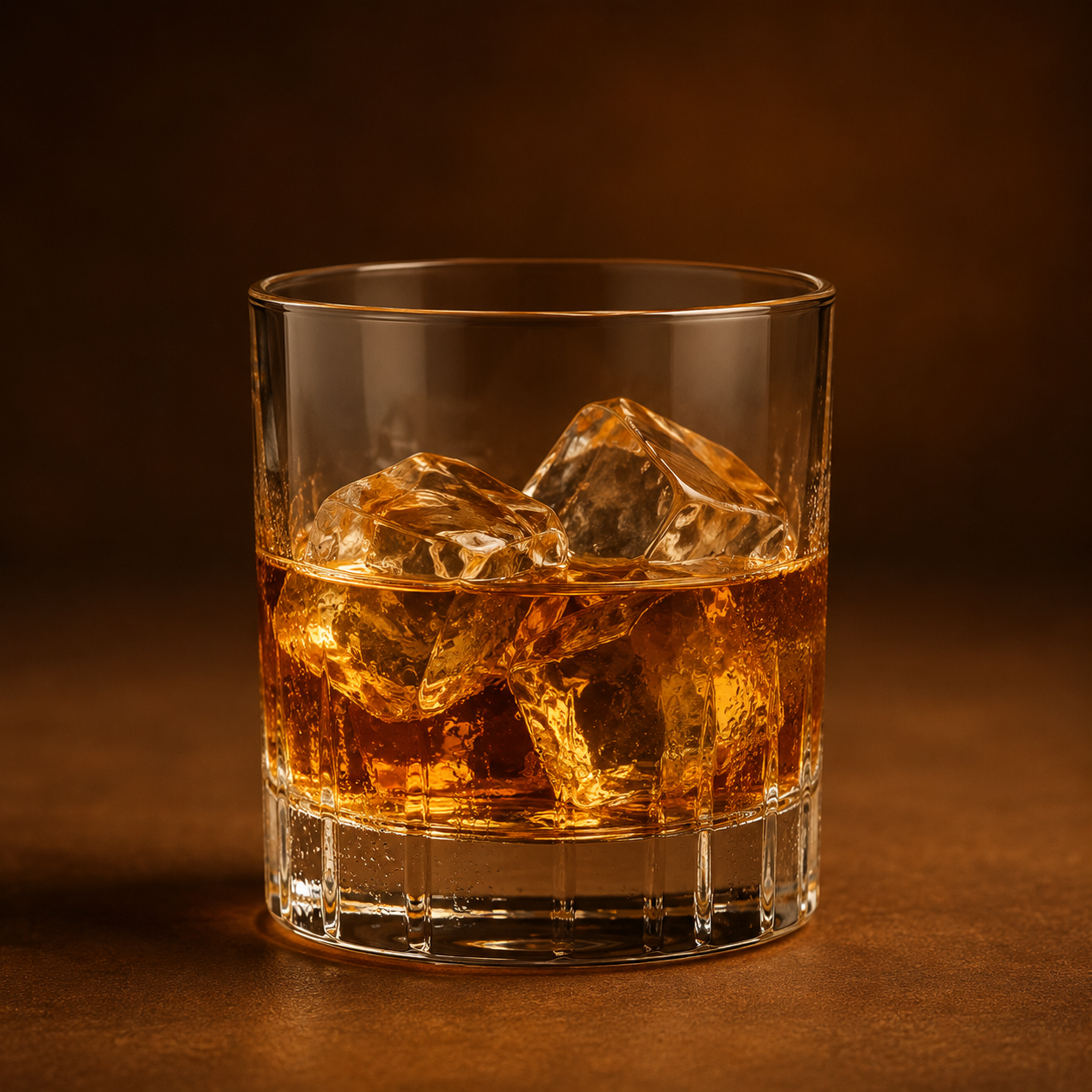Whiskey over clear ice cubes in a rocks glass