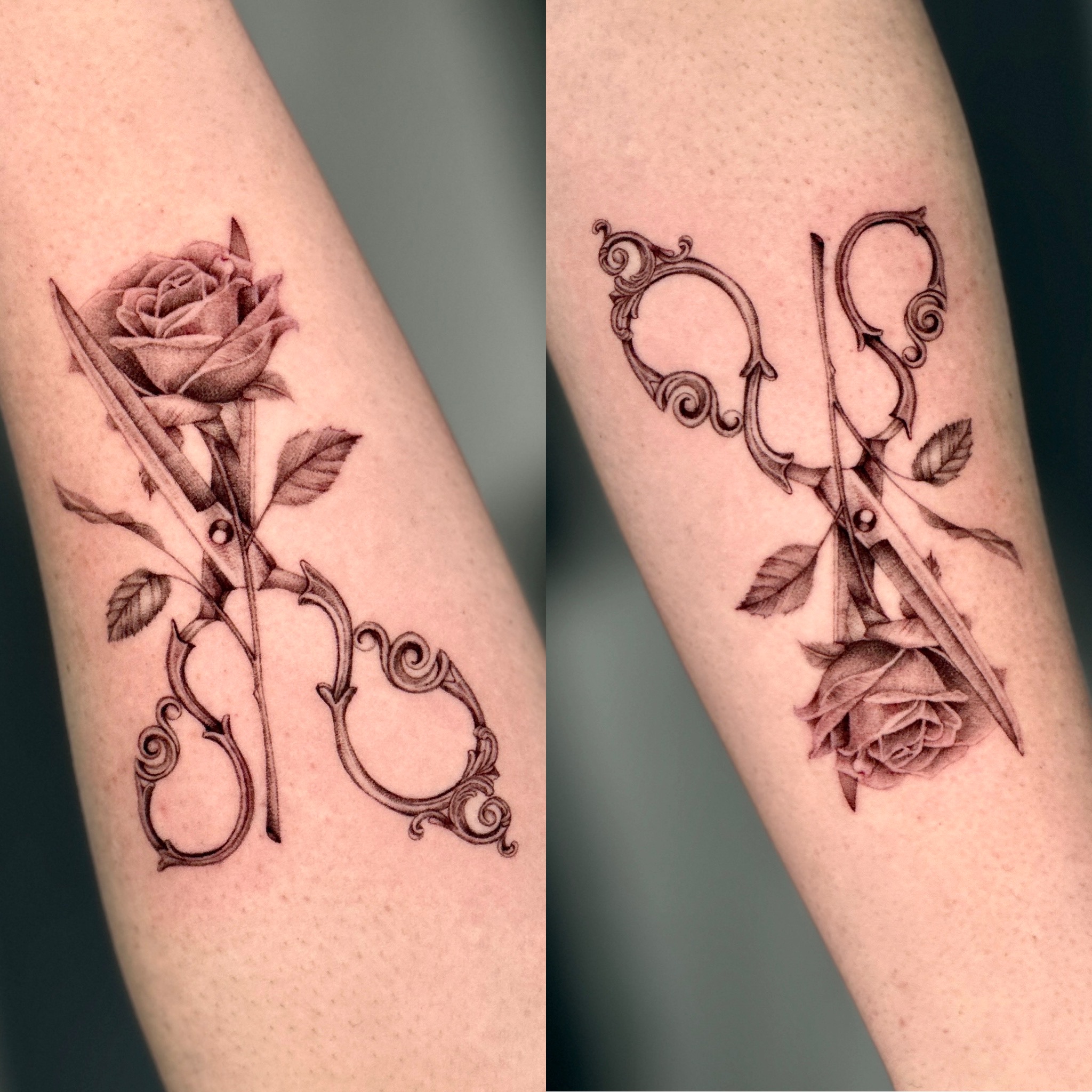 Fine-line tattoo depicting vintage scissors intertwined with a rose on arm