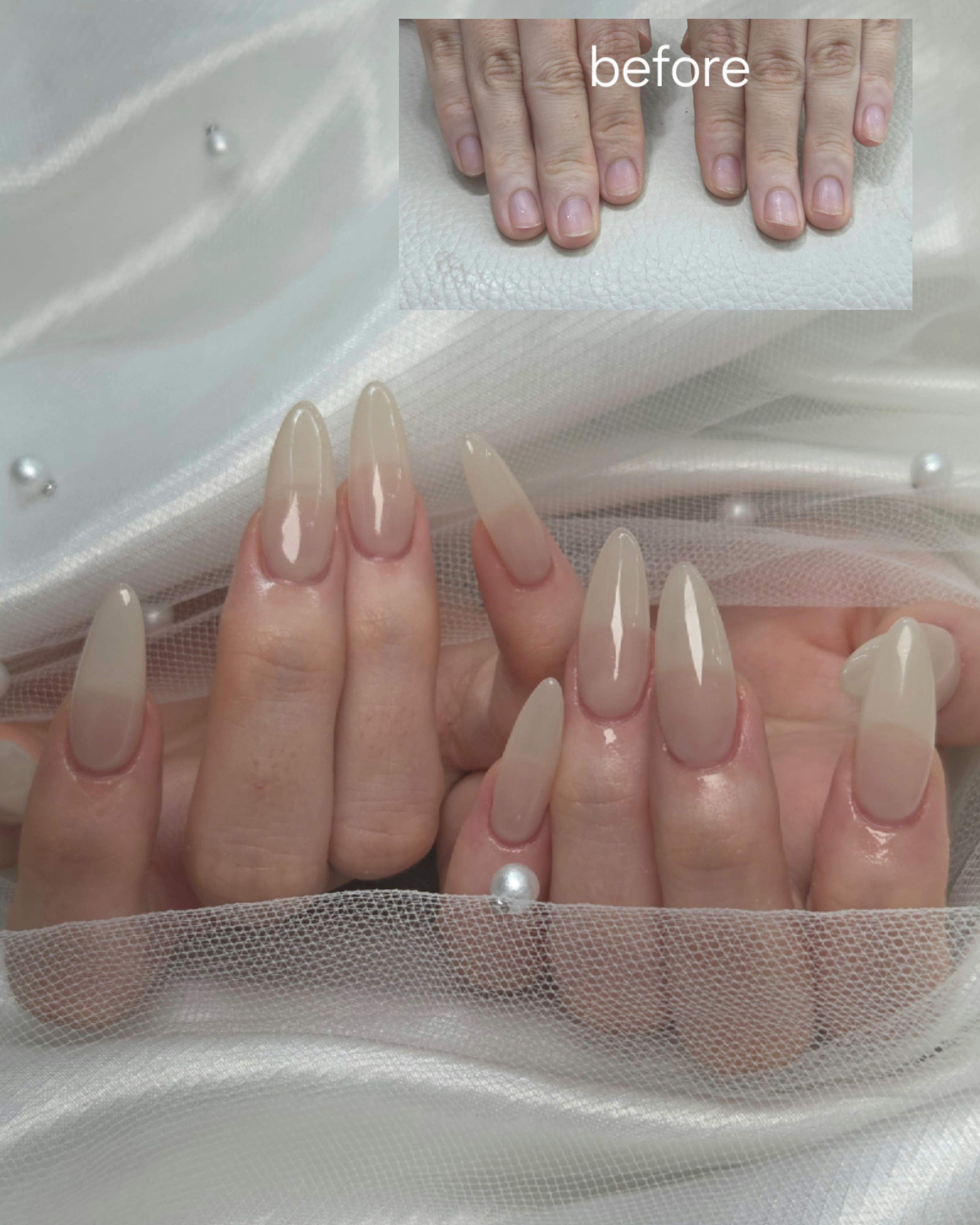 Before and after comparison of manicured almond-shaped nails on a white fabric background
