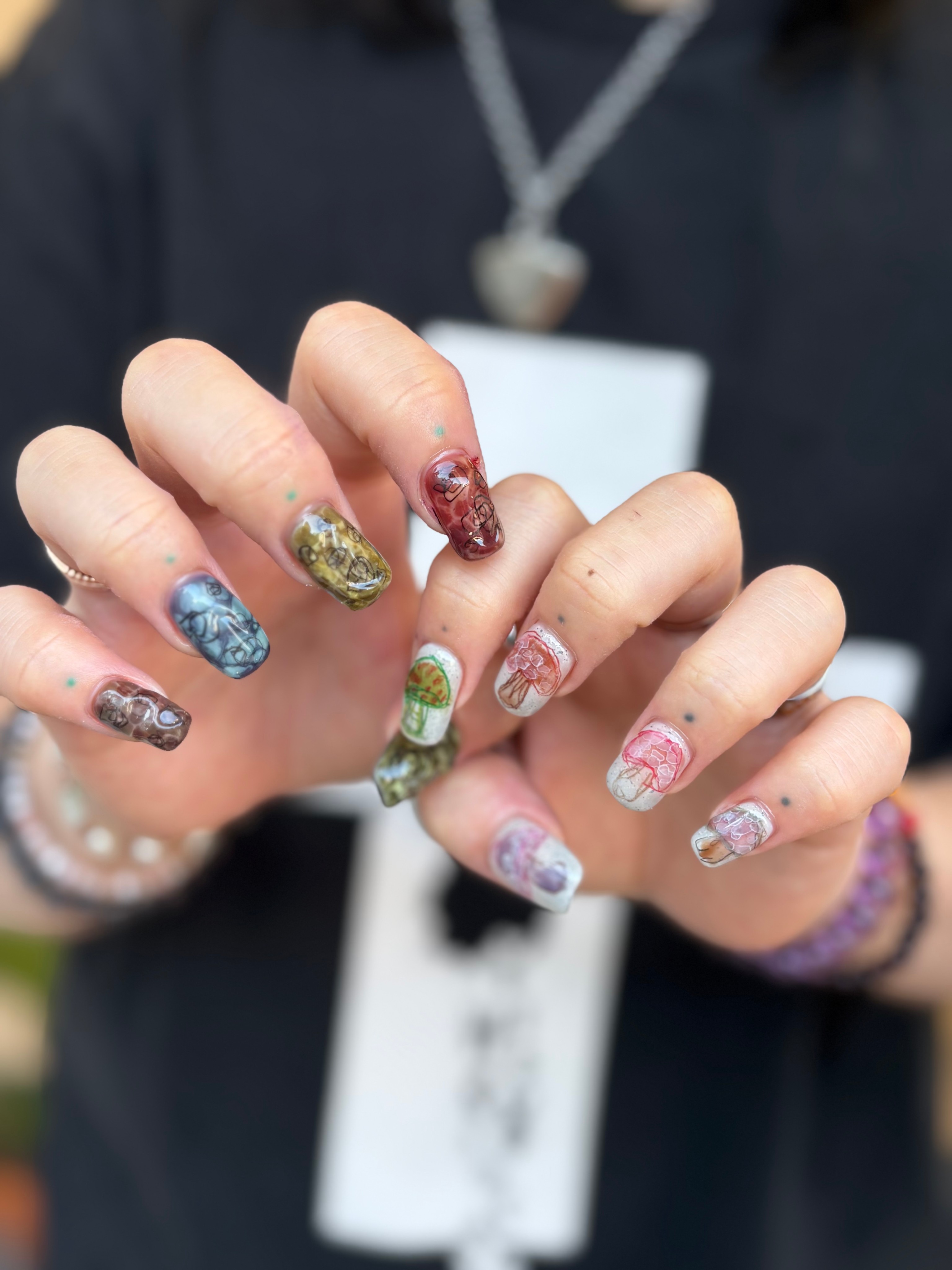 Detailed custom artistic motif nail design on sculpted extensions