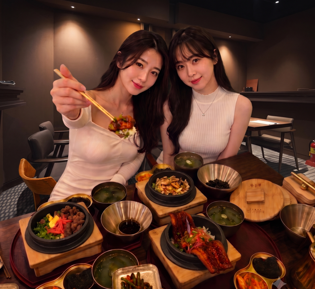 Dining room table filled with traditional Korean pot rice meals
