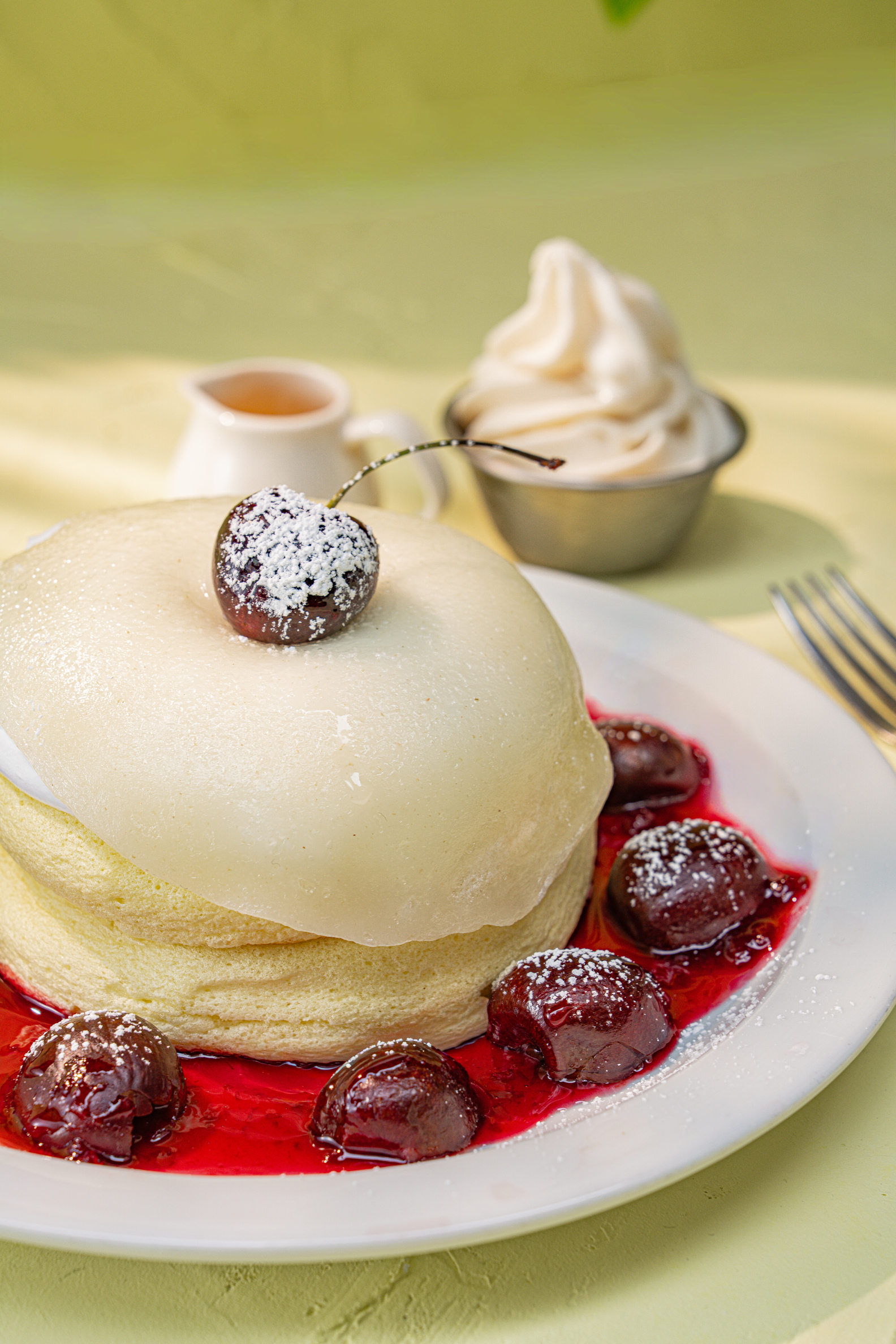 Souffle pancake with fresh cherries