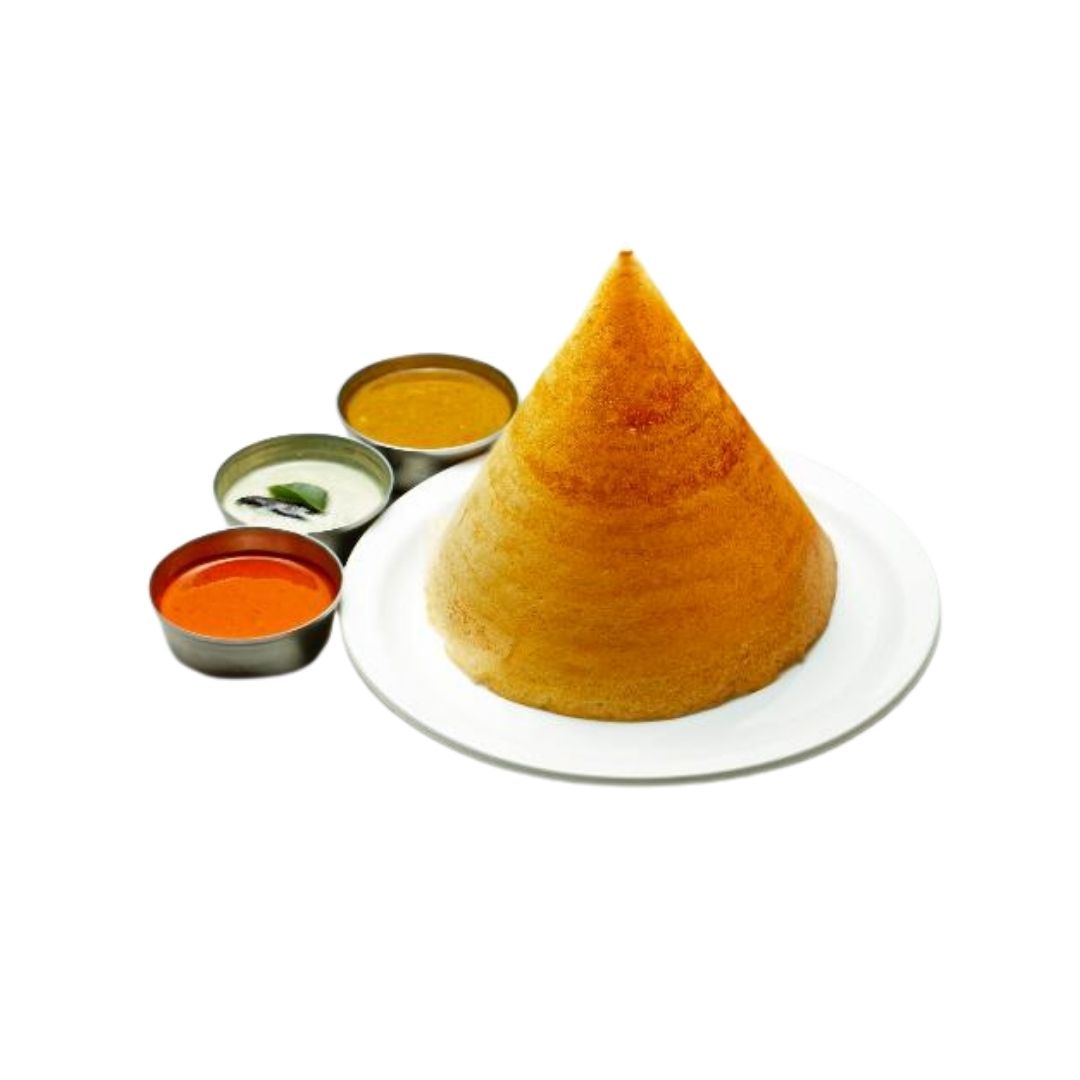 Crispy cone-shaped dosa served with trio of stainless steel chutney bowls