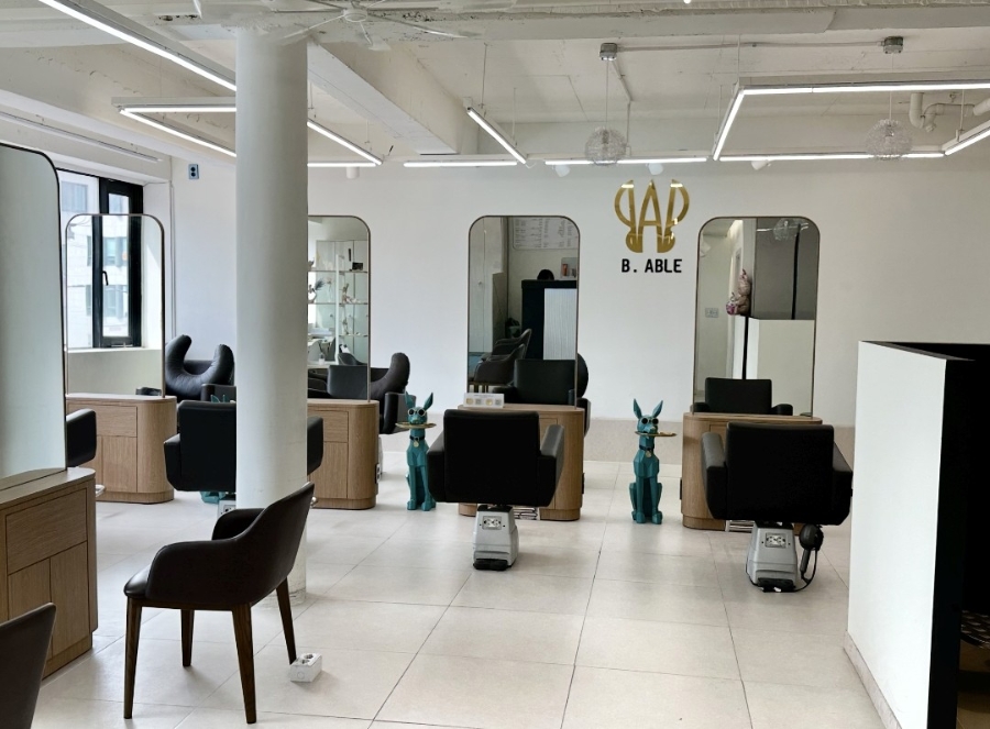 Modern clean styling stations and interior of B.ABLE Hair Salon in Hongdae