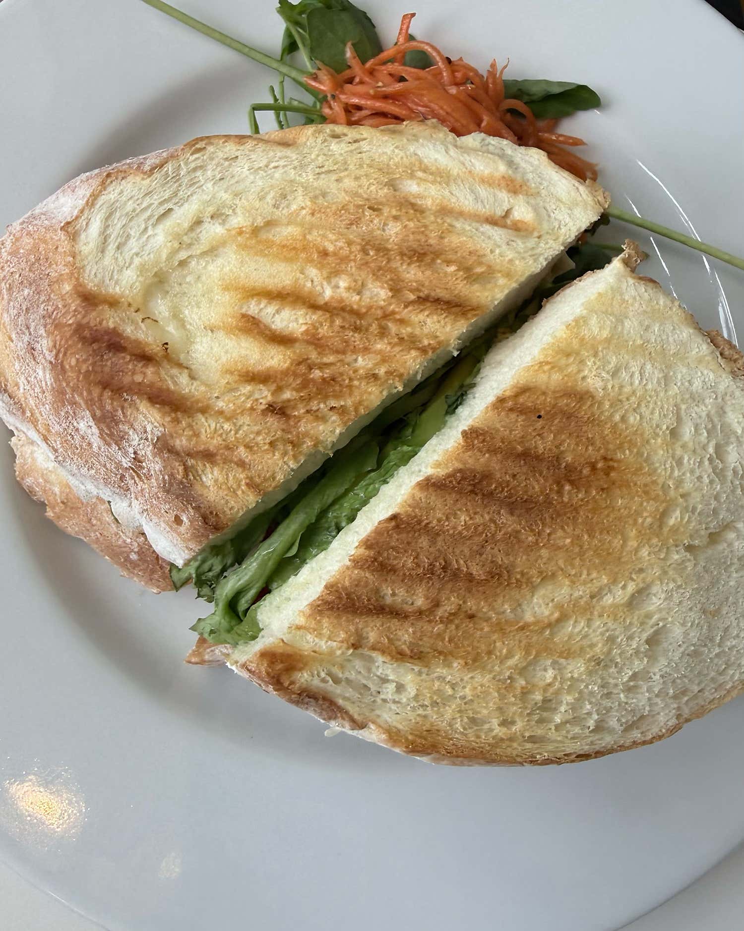 A toasted sandwich cut in half on a white plate with shredded carrots and greens