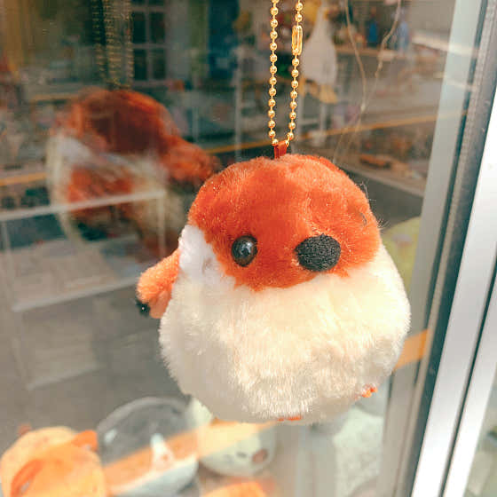Sparrow plush keychain hanging near sunlit glass window
