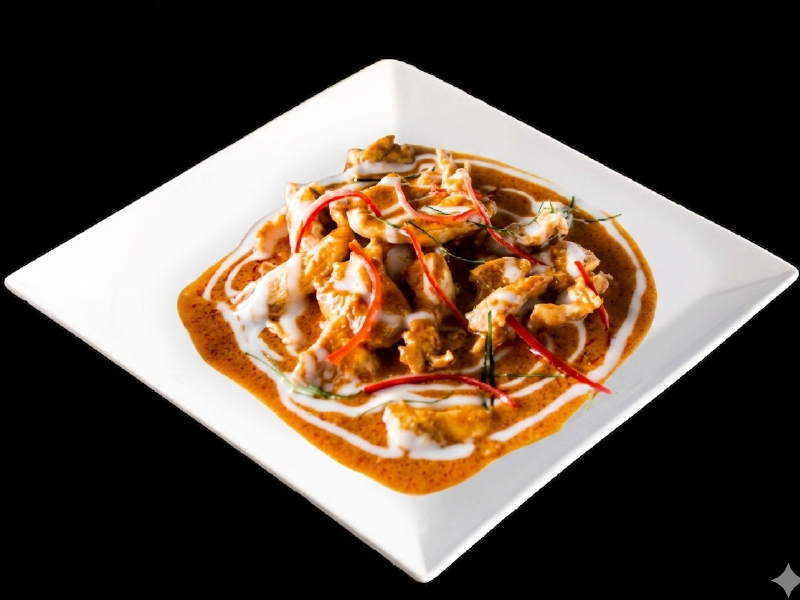 Aromatic Thai Panang red curry drizzled with fresh coconut milk and kaffir lime leaf