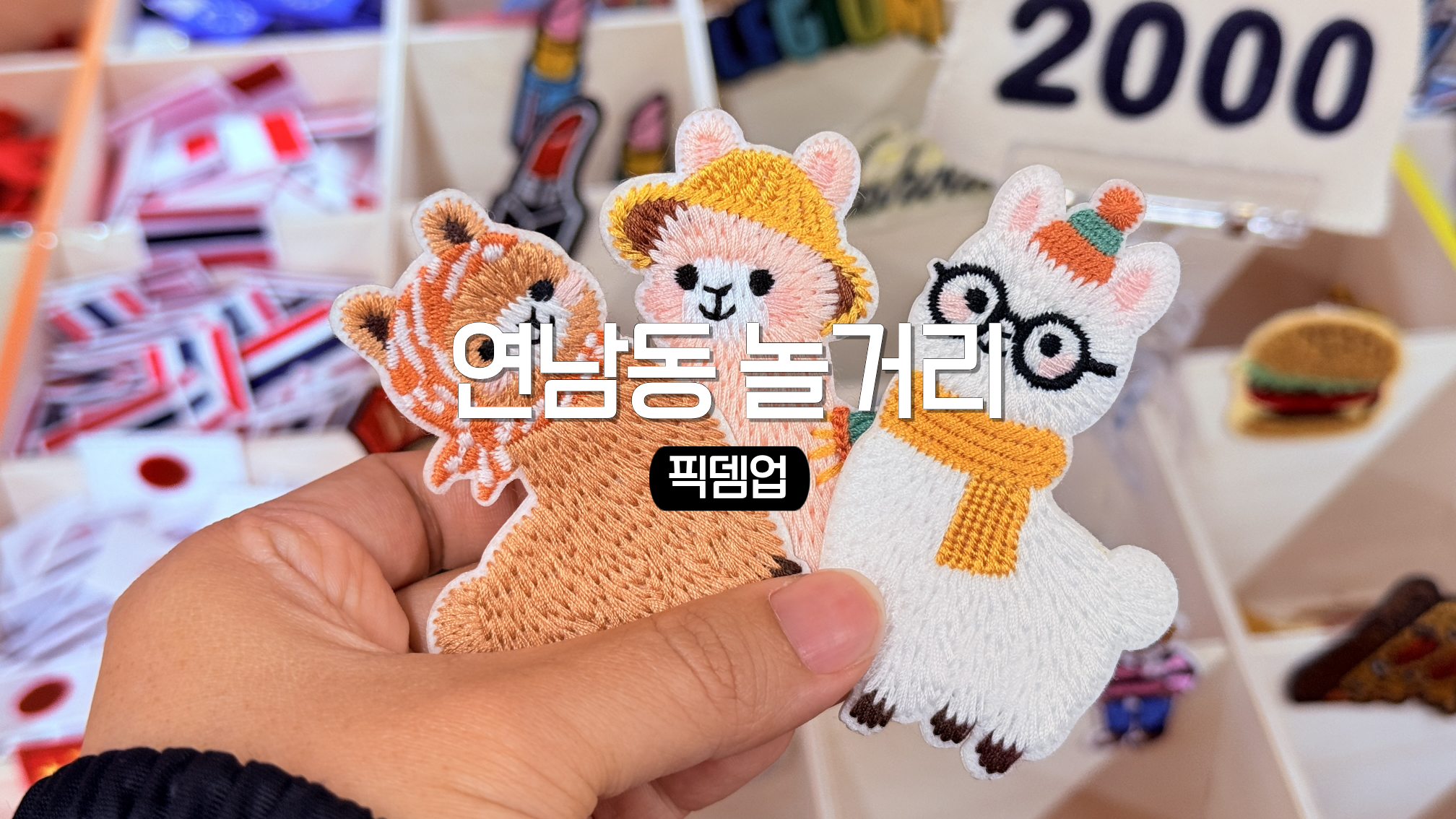 Hand holding three animal embroidered patches including tiger and llama motifs in the studio