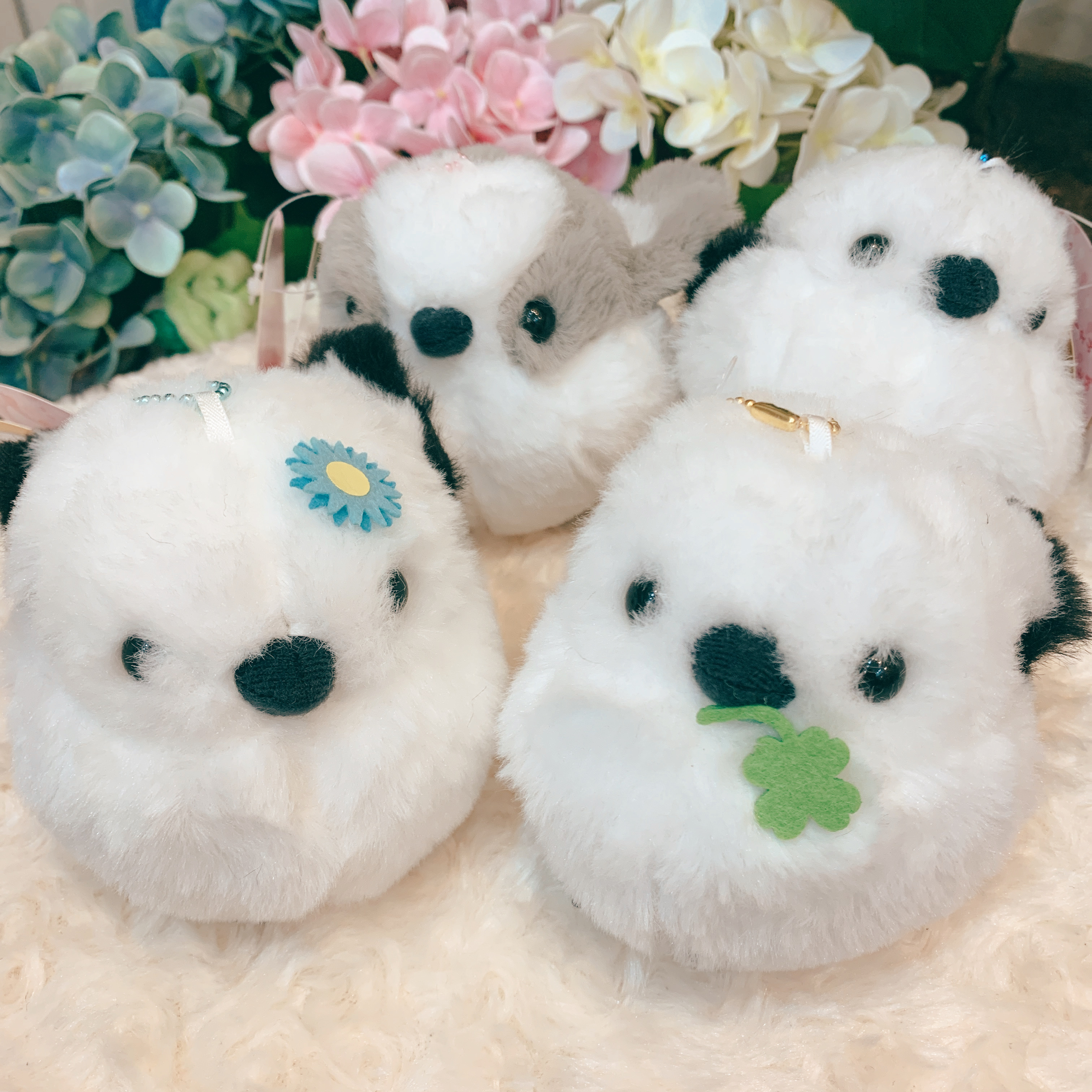 Fluffy white bird plush keychains with felt four-leaf clover charms