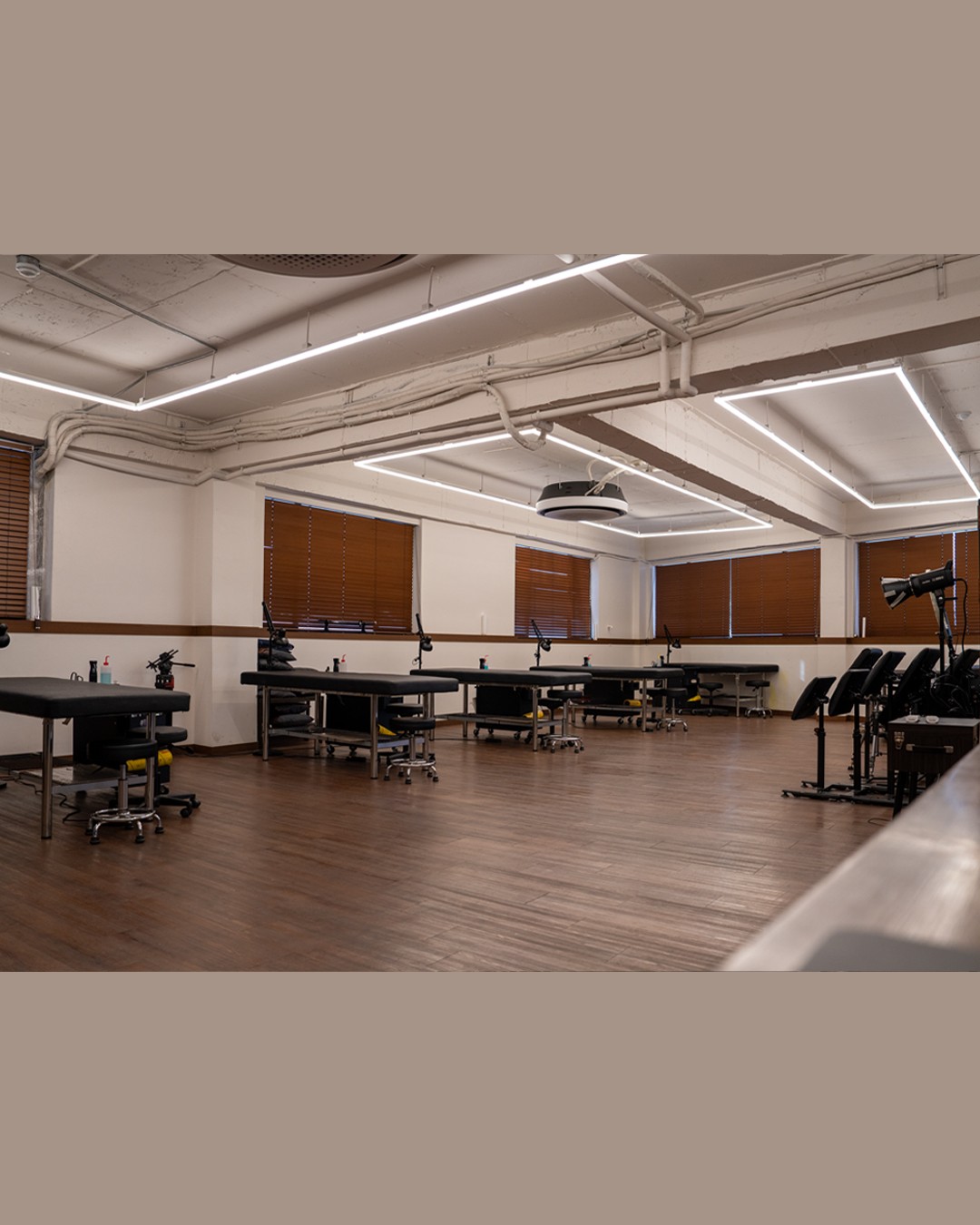 Surgically clean atelier stations under overhead linear LED lighting at Ape Ink Studio