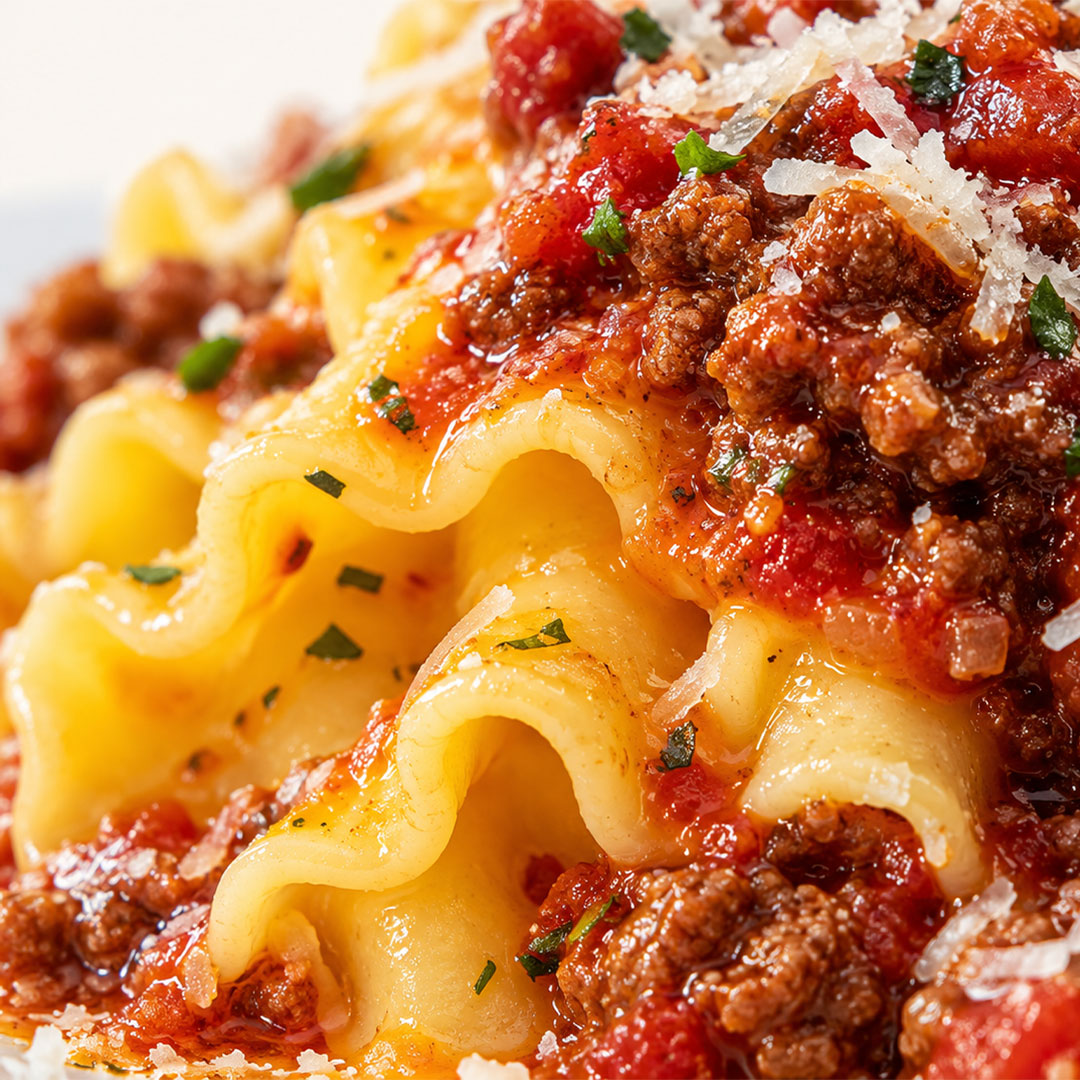 Detailed close-up of wavy pasta ribbons tossed with rich bolognese sauce and grated cheese