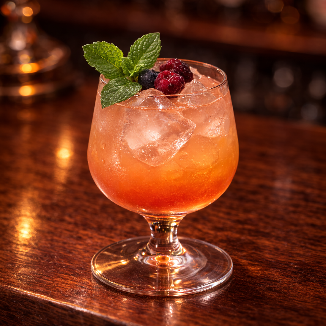 Stemmed cocktail garnished with fresh mint sprig and berries at the bar